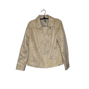 Chico’s Gold Shimmer Moto Asymmetrical Zip Jacket EUC Sz 8 Cotton Jacquard